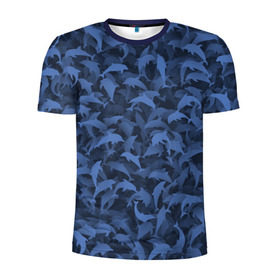 Мужская футболка 3D спортивная с принтом Камуфляж с дельфинами в Кировске, 100% полиэстер с улучшенными характеристиками | приталенный силуэт, круглая горловина, широкие плечи, сужается к линии бедра | Тематика изображения на принте: вода | дельфин | дельфины | милитари | море | океан | паттерн | синий | текстура | черное