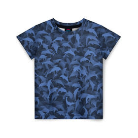 Детская футболка 3D с принтом Камуфляж с дельфинами в Кировске, 100% гипоаллергенный полиэфир | прямой крой, круглый вырез горловины, длина до линии бедер, чуть спущенное плечо, ткань немного тянется | вода | дельфин | дельфины | милитари | море | океан | паттерн | синий | текстура | черное
