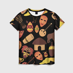 Женская футболка 3D с принтом Бужумбура в Кировске, 100% полиэфир ( синтетическое хлопкоподобное полотно) | прямой крой, круглый вырез горловины, длина до линии бедер | африка | барабан | маска | слон | черный