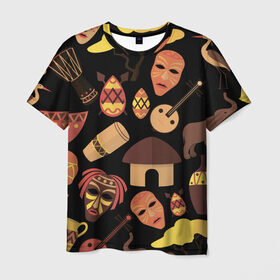 Мужская футболка 3D с принтом Бужумбура в Кировске, 100% полиэфир | прямой крой, круглый вырез горловины, длина до линии бедер | африка | барабан | маска | слон | черный