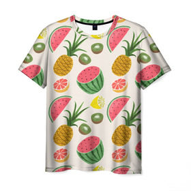 Мужская футболка 3D с принтом Тропический рай в Кировске, 100% полиэфир | прямой крой, круглый вырез горловины, длина до линии бедер | ананас | арбуз | киви | лимон | манго | паттерн | тропики | фрукты