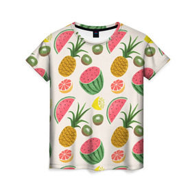 Женская футболка 3D с принтом Тропический рай в Кировске, 100% полиэфир ( синтетическое хлопкоподобное полотно) | прямой крой, круглый вырез горловины, длина до линии бедер | ананас | арбуз | киви | лимон | манго | паттерн | тропики | фрукты