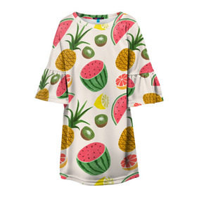 Детское платье 3D с принтом Тропический рай в Кировске, 100% полиэстер | прямой силуэт, чуть расширенный к низу. Круглая горловина, на рукавах — воланы | ананас | арбуз | киви | лимон | манго | паттерн | тропики | фрукты