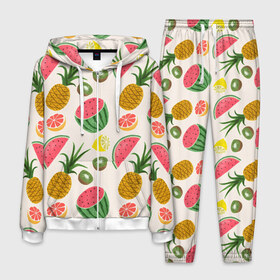 Мужской костюм 3D с принтом Тропический рай в Кировске, 100% полиэстер | Манжеты и пояс оформлены тканевой резинкой, двухслойный капюшон со шнурком для регулировки, карманы спереди | ананас | арбуз | киви | лимон | манго | паттерн | тропики | фрукты