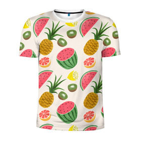 Мужская футболка 3D спортивная с принтом Тропический рай в Кировске, 100% полиэстер с улучшенными характеристиками | приталенный силуэт, круглая горловина, широкие плечи, сужается к линии бедра | ананас | арбуз | киви | лимон | манго | паттерн | тропики | фрукты