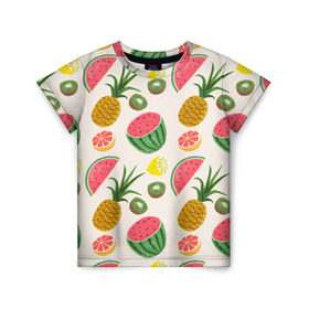 Детская футболка 3D с принтом Тропический рай в Кировске, 100% гипоаллергенный полиэфир | прямой крой, круглый вырез горловины, длина до линии бедер, чуть спущенное плечо, ткань немного тянется | ананас | арбуз | киви | лимон | манго | паттерн | тропики | фрукты
