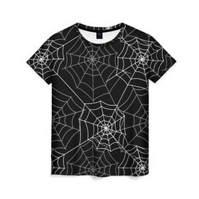Женская футболка 3D с принтом Паутинка в Кировске, 100% полиэфир ( синтетическое хлопкоподобное полотно) | прямой крой, круглый вырез горловины, длина до линии бедер | белый | паутина | узор | хэллоуин | черный