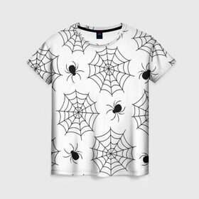 Женская футболка 3D с принтом Паутинка в Кировске, 100% полиэфир ( синтетическое хлопкоподобное полотно) | прямой крой, круглый вырез горловины, длина до линии бедер | белый | паук | паутина | узор | хэллоуин | черный