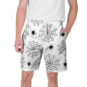 Мужские шорты 3D с принтом Паутинка в Кировске,  полиэстер 100% | прямой крой, два кармана без застежек по бокам. Мягкая трикотажная резинка на поясе, внутри которой широкие завязки. Длина чуть выше колен | белый | паук | паутина | узор | хэллоуин | черный