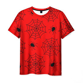 Мужская футболка 3D с принтом Happy Halloween в Кировске, 100% полиэфир | прямой крой, круглый вырез горловины, длина до линии бедер | белый | паук | паутина | узор | хэллоуин | черный