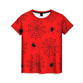 Женская футболка 3D с принтом Happy Halloween в Кировске, 100% полиэфир ( синтетическое хлопкоподобное полотно) | прямой крой, круглый вырез горловины, длина до линии бедер | белый | паук | паутина | узор | хэллоуин | черный