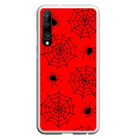 Чехол для Honor P30 с принтом Happy Halloween в Кировске, Силикон | Область печати: задняя сторона чехла, без боковых панелей | белый | паук | паутина | узор | хэллоуин | черный