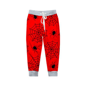 Детские брюки 3D с принтом Happy Halloween в Кировске, 100% полиэстер | манжеты по низу, эластичный пояс регулируется шнурком, по бокам два кармана без застежек, внутренняя часть кармана из мелкой сетки | белый | паук | паутина | узор | хэллоуин | черный