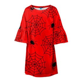 Детское платье 3D с принтом Happy Halloween в Кировске, 100% полиэстер | прямой силуэт, чуть расширенный к низу. Круглая горловина, на рукавах — воланы | белый | паук | паутина | узор | хэллоуин | черный