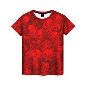 Женская футболка 3D с принтом Красные черепа в Кировске, 100% полиэфир ( синтетическое хлопкоподобное полотно) | прямой крой, круглый вырез горловины, длина до линии бедер | камуфляж | кости | красный | милитари | паттерн | скелет | текстура | хеллоуин