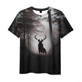 Мужская футболка 3D с принтом Лес / Олень в тумане в Кировске, 100% полиэфир | прямой крой, круглый вырез горловины, длина до линии бедер | абстракция | арт | глаза | девушка | деревья | животное | животные | лес | листья | лучшие | ночь | олень | пейзаж | природа | туман | хеллоуин