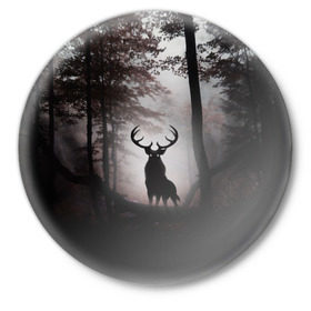 Значок с принтом Лес / Олень в тумане в Кировске,  металл | круглая форма, металлическая застежка в виде булавки | абстракция | арт | глаза | девушка | деревья | животное | животные | лес | листья | лучшие | ночь | олень | пейзаж | природа | туман | хеллоуин