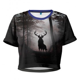 Женская футболка 3D укороченная с принтом Лес / Олень в тумане в Кировске, 100% полиэстер | круглая горловина, длина футболки до линии талии, рукава с отворотами | абстракция | арт | глаза | девушка | деревья | животное | животные | лес | листья | лучшие | ночь | олень | пейзаж | природа | туман | хеллоуин