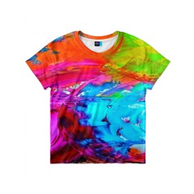 Детская футболка 3D с принтом Tie-dye в Кировске, 100% гипоаллергенный полиэфир | прямой крой, круглый вырез горловины, длина до линии бедер, чуть спущенное плечо, ткань немного тянется | Тематика изображения на принте: abstraction | color | spray | tie dye | абстракция | акварель | живопись | искусство | краски | текстуры | цветные краски | яркие цвета