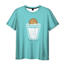 Мужская футболка 3D с принтом Молоко и печенюшка в Кировске, 100% полиэфир | прямой крой, круглый вырез горловины, длина до линии бедер | еда | завтрак | здоровье | молоко | печенье | шоколад
