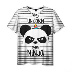 Мужская футболка 3D с принтом 5% Единорог 95% Ниндзя в Кировске, 100% полиэфир | прямой крой, круглый вырез горловины, длина до линии бедер | Тематика изображения на принте: animals | ninja | panda | rainbow | stripes | единорог | животные | зверь | линии | ниндзя | панда | полосы | радуга | самурай