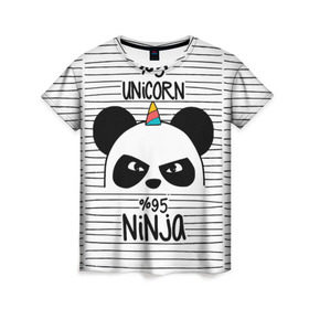 Женская футболка 3D с принтом 5% Единорог 95% Ниндзя в Кировске, 100% полиэфир ( синтетическое хлопкоподобное полотно) | прямой крой, круглый вырез горловины, длина до линии бедер | Тематика изображения на принте: animals | ninja | panda | rainbow | stripes | единорог | животные | зверь | линии | ниндзя | панда | полосы | радуга | самурай