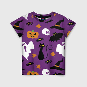 Детская футболка 3D с принтом Веселый Хэллоуин в Кировске, 100% гипоаллергенный полиэфир | прямой крой, круглый вырез горловины, длина до линии бедер, чуть спущенное плечо, ткань немного тянется | кошка | паук | праздник | привидения | тыква | череп | черный