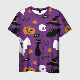 Мужская футболка 3D с принтом Веселый Хэллоуин в Кировске, 100% полиэфир | прямой крой, круглый вырез горловины, длина до линии бедер | Тематика изображения на принте: кошка | паук | праздник | привидения | тыква | череп | черный