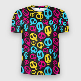 Мужская футболка 3D спортивная с принтом Веселый Хэллоуин в Кировске, 100% полиэстер с улучшенными характеристиками | приталенный силуэт, круглая горловина, широкие плечи, сужается к линии бедра | Тематика изображения на принте: желтый | розовый | синий | череп