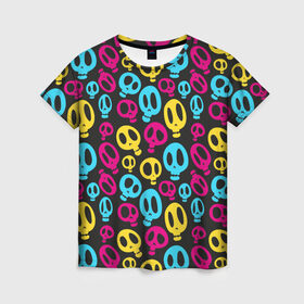Женская футболка 3D с принтом Веселый Хэллоуин в Кировске, 100% полиэфир ( синтетическое хлопкоподобное полотно) | прямой крой, круглый вырез горловины, длина до линии бедер | желтый | розовый | синий | череп