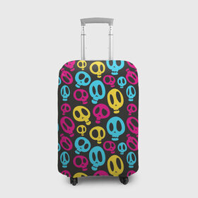 Чехол для чемодана 3D с принтом Веселый Хэллоуин в Кировске, 86% полиэфир, 14% спандекс | двустороннее нанесение принта, прорези для ручек и колес | желтый | розовый | синий | череп