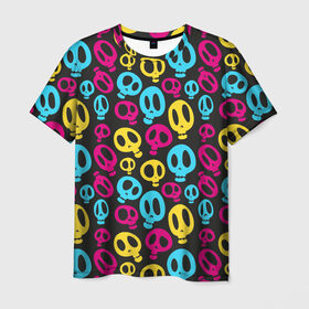 Мужская футболка 3D с принтом Веселый Хэллоуин в Кировске, 100% полиэфир | прямой крой, круглый вырез горловины, длина до линии бедер | Тематика изображения на принте: желтый | розовый | синий | череп