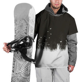 Накидка на куртку 3D с принтом Ночная полянка в Кировске, 100% полиэстер |  | бабочки | белый | кусты | ночь | цветы | чб | черно белое | черный