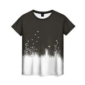 Женская футболка 3D с принтом Ночная полянка в Кировске, 100% полиэфир ( синтетическое хлопкоподобное полотно) | прямой крой, круглый вырез горловины, длина до линии бедер | бабочки | белый | кусты | ночь | цветы | чб | черно белое | черный