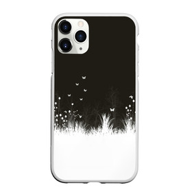 Чехол для iPhone 11 Pro Max матовый с принтом Ночная полянка в Кировске, Силикон |  | бабочки | белый | кусты | ночь | цветы | чб | черно белое | черный
