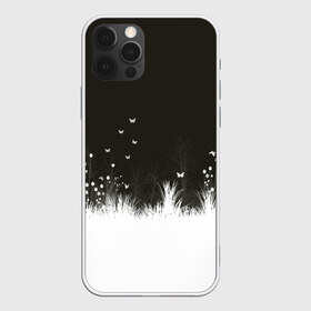 Чехол для iPhone 12 Pro Max с принтом Ночная полянка в Кировске, Силикон |  | Тематика изображения на принте: бабочки | белый | кусты | ночь | цветы | чб | черно белое | черный