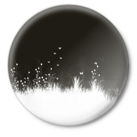Значок с принтом Ночная полянка в Кировске,  металл | круглая форма, металлическая застежка в виде булавки | бабочки | белый | кусты | ночь | цветы | чб | черно белое | черный