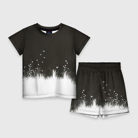 Детский костюм с шортами 3D с принтом Ночная полянка в Кировске,  |  | бабочки | белый | кусты | ночь | цветы | чб | черно белое | черный