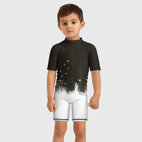 Детский купальный костюм 3D с принтом Ночная полянка в Кировске, Полиэстер 85%, Спандекс 15% | застежка на молнии на спине | бабочки | белый | кусты | ночь | цветы | чб | черно белое | черный