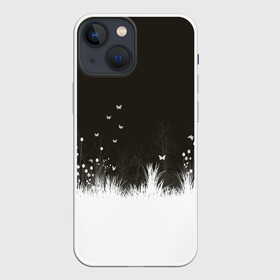Чехол для iPhone 13 mini с принтом Ночная полянка в Кировске,  |  | Тематика изображения на принте: бабочки | белый | кусты | ночь | цветы | чб | черно белое | черный