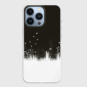 Чехол для iPhone 13 Pro с принтом Ночная полянка в Кировске,  |  | Тематика изображения на принте: бабочки | белый | кусты | ночь | цветы | чб | черно белое | черный