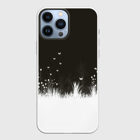 Чехол для iPhone 13 Pro Max с принтом Ночная полянка в Кировске,  |  | Тематика изображения на принте: бабочки | белый | кусты | ночь | цветы | чб | черно белое | черный