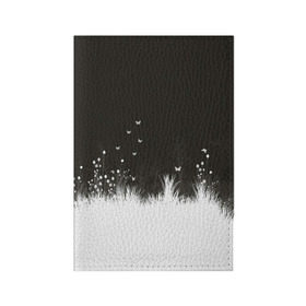 Обложка для паспорта матовая кожа с принтом Ночная полянка в Кировске, натуральная матовая кожа | размер 19,3 х 13,7 см; прозрачные пластиковые крепления | бабочки | белый | кусты | ночь | цветы | чб | черно белое | черный