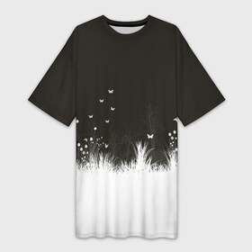 Платье-футболка 3D с принтом Ночная полянка в Кировске,  |  | бабочки | белый | кусты | ночь | цветы | чб | черно белое | черный