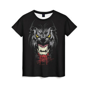 Женская футболка 3D с принтом Волк в Кировске, 100% полиэфир ( синтетическое хлопкоподобное полотно) | прямой крой, круглый вырез горловины, длина до линии бедер | волк | глаза | животное | зверь | клыки | кровь | оборотень | собака