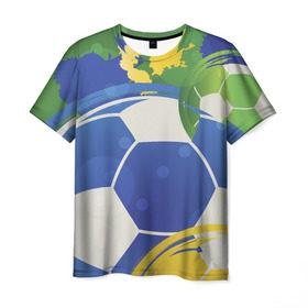 Мужская футболка 3D с принтом Яркий футбол в Кировске, 100% полиэфир | прямой крой, круглый вырез горловины, длина до линии бедер | Тематика изображения на принте: бразилия | желтый | зеленый | игра | мяч | синий | цвет