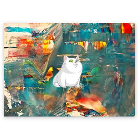 Поздравительная открытка с принтом Белый котик в Кировске, 100% бумага | плотность бумаги 280 г/м2, матовая, на обратной стороне линовка и место для марки
 | Тематика изображения на принте: cat | арт | взгляд | кот | кот хипстер | котёнок | котятки | котятушки | кошечки | кошка | мордочка
