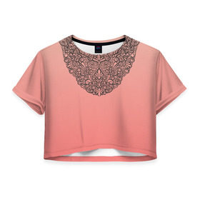 Женская футболка 3D укороченная с принтом Кружевной воротник в Кировске, 100% полиэстер | круглая горловина, длина футболки до линии талии, рукава с отворотами | градиент | имитация | розовый