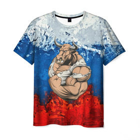 Мужская футболка 3D с принтом Буйвол в Кировске, 100% полиэфир | прямой крой, круглый вырез горловины, длина до линии бедер | abstraction | grunge | абстракция | буйвол | бык | краска | русский | триколор | я русский