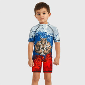 Детский купальный костюм 3D с принтом Бык триколор в Кировске, Полиэстер 85%, Спандекс 15% | застежка на молнии на спине | abstraction | grunge | абстракция | буйвол | бык | краска | русский | триколор | я русский